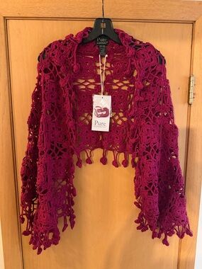 Pure Handknit Women’s Milan Cotton Crochet Wrap New Burgundy One Size